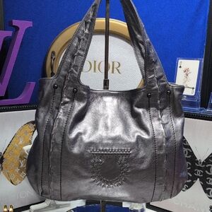 Salvatore Ferragamo Gancini Leather Shoulder Bag in Metallic Platinum-NEW!🔥